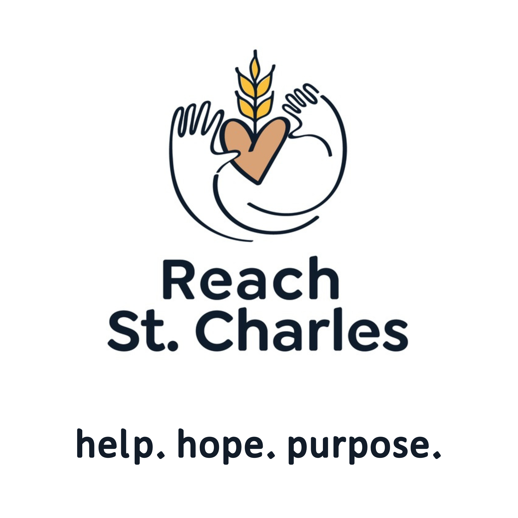 Reach St. Charles logo with hands around a heart and wheat, and the tagline help. hope. purpose.