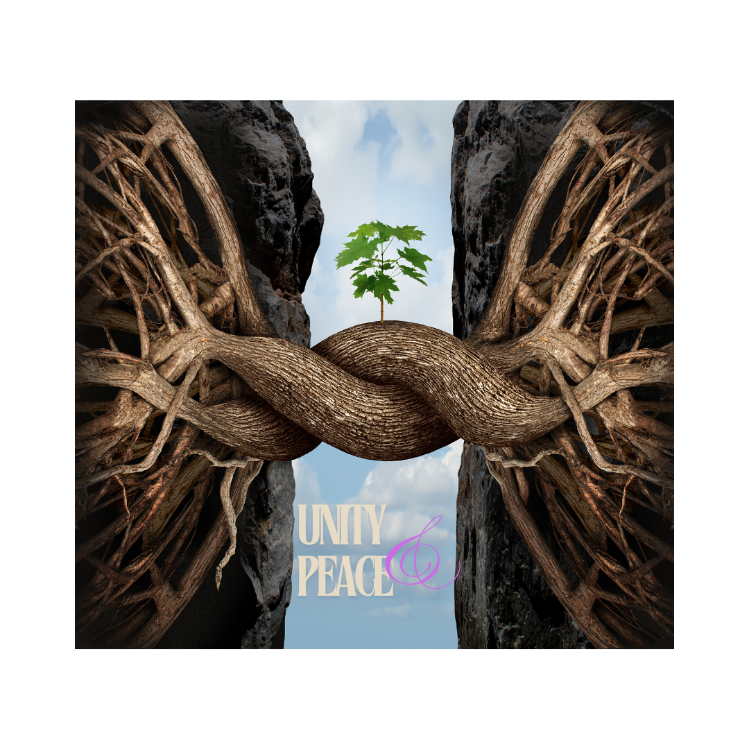 Tree roots from two cliffs twisted together into a bridge with a young sapling growing on top, with the words 'Unity and Peace'