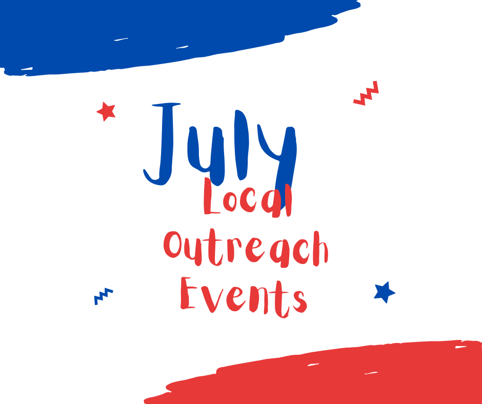 July Local Outreach Events, in red and blue with stars